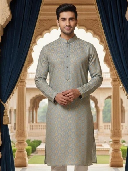 Accessible Grey Kurta for Men with Zari Weaving for Festive Wear 