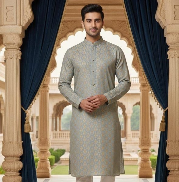 Accessible Grey Kurta for Men with Zari Weaving for Festive Wear Kurta Pajama Wholesale