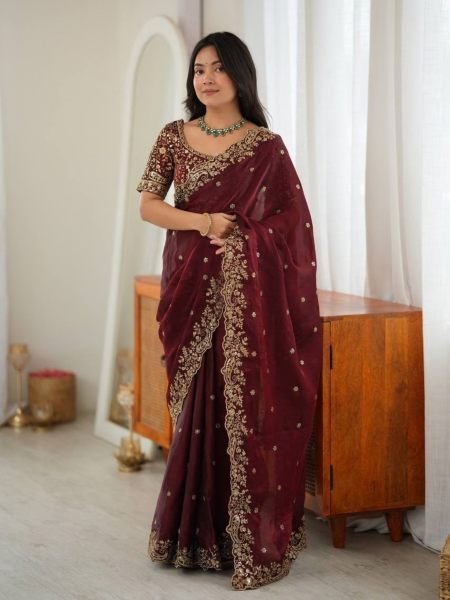 Accessible Maroon Heavy Fendy Silk Saree with Front and Back Embroidered Blouse Sarees 