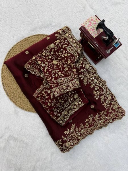 Accessible Maroon Heavy Fendy Silk Saree with Front and Back Embroidered Blouse Silk Sarees Wholesale