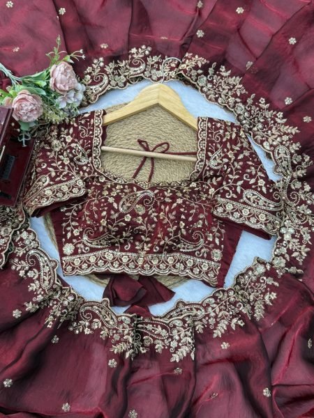 Accessible Maroon Heavy Fendy Silk Saree with Front and Back Embroidered Blouse Silk Sarees Wholesale