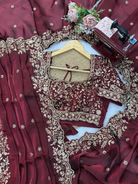 Accessible Maroon Heavy Fendy Silk Saree with Front and Back Embroidered Blouse Silk Sarees Wholesale