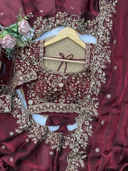 Accessible Maroon Heavy Fendy Silk Saree with Front and Back Embroidered Blouse Silk Sarees Wholesale
