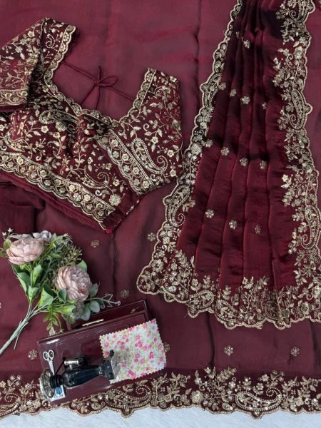 Accessible Maroon Heavy Fendy Silk Saree with Front and Back Embroidered Blouse Silk Sarees Wholesale