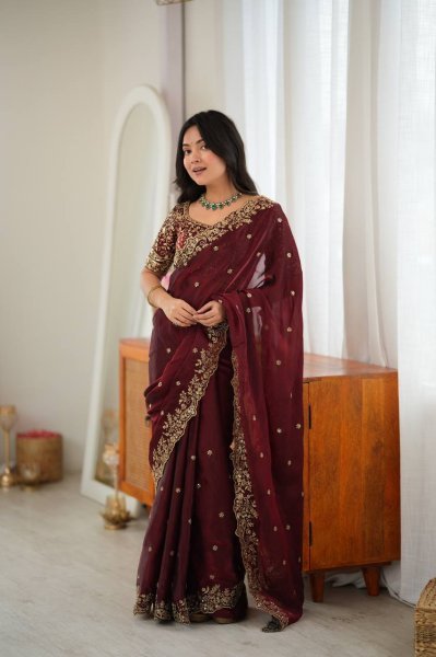 Accessible Maroon Heavy Fendy Silk Saree with Front and Back Embroidered Blouse Silk Sarees Wholesale
