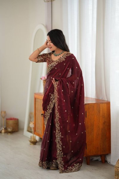 Accessible Maroon Heavy Fendy Silk Saree with Front and Back Embroidered Blouse Silk Sarees Wholesale