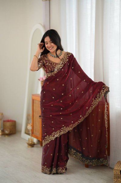 Accessible Maroon Heavy Fendy Silk Saree with Front and Back Embroidered Blouse Silk Sarees Wholesale