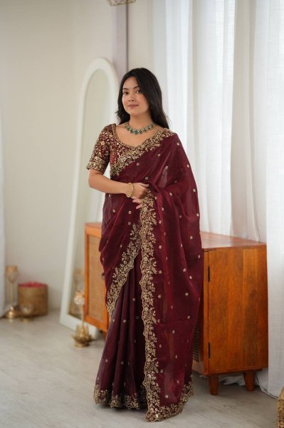 Accessible Maroon Heavy Fendy Silk Saree with Front and Back Embroidered Blouse Silk Sarees Wholesale