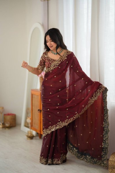 Accessible Maroon Heavy Fendy Silk Saree with Front and Back Embroidered Blouse Silk Sarees Wholesale