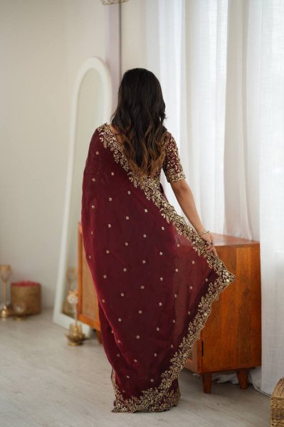 Accessible Maroon Heavy Fendy Silk Saree with Front and Back Embroidered Blouse Silk Sarees Wholesale