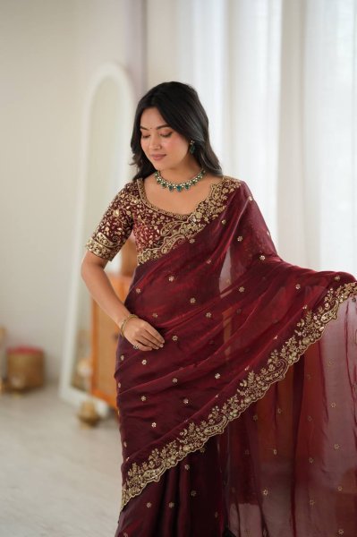 Accessible Maroon Heavy Fendy Silk Saree with Front and Back Embroidered Blouse Silk Sarees Wholesale
