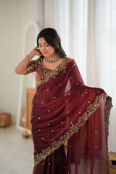 Accessible Maroon Heavy Fendy Silk Saree with Front and Back Embroidered Blouse Silk Sarees Wholesale