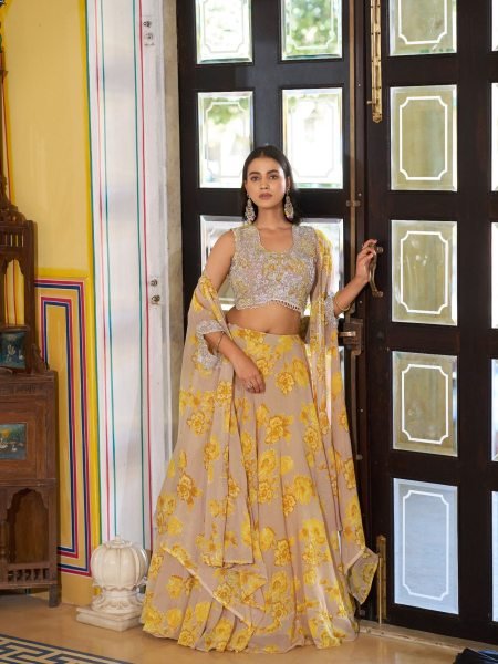 Accessible Mustard Georgette Lehenga Set with Mirror Tassels Batwa and Cape Dupatta  Lehenga