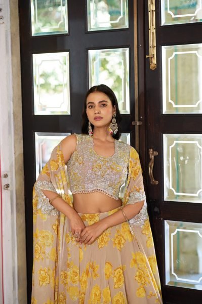 Accessible Mustard Georgette Lehenga Set with Mirror Tassels Batwa and Cape Dupatta Designer Lehenga Choli