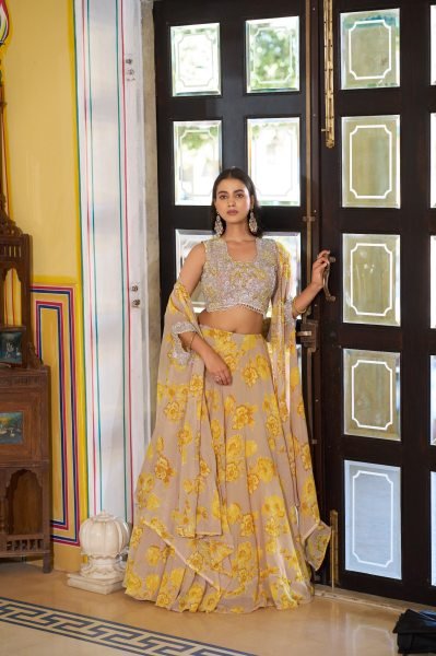 Accessible Mustard Georgette Lehenga Set with Mirror Tassels Batwa and Cape Dupatta Designer Lehenga Choli