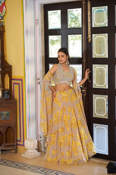 Accessible Mustard Georgette Lehenga Set with Mirror Tassels Batwa and Cape Dupatta Designer Lehenga Choli