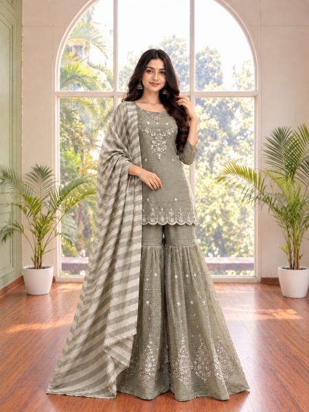 Accessible Olive Taupe Party Wear Salsa Silk Embroidered Top Sharara Dupatta Set Ready To Wear Suit
