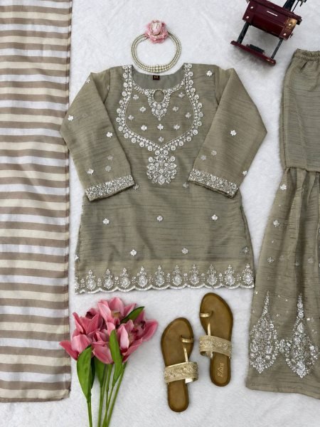 Accessible Olive Taupe Party Wear Salsa Silk Embroidered Top Sharara Dupatta Set Ready To Wear Collection