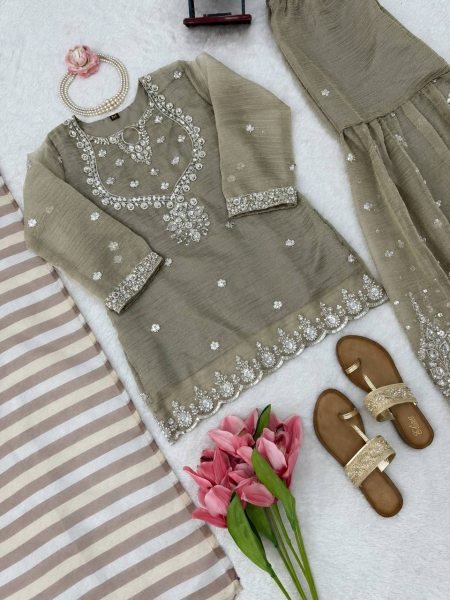 Accessible Olive Taupe Party Wear Salsa Silk Embroidered Top Sharara Dupatta Set Ready To Wear Collection