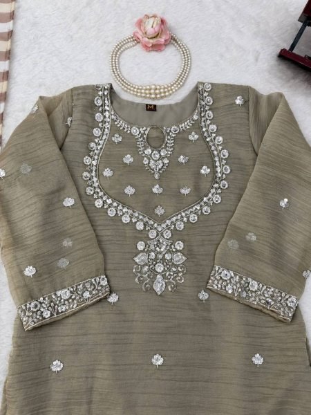 Accessible Olive Taupe Party Wear Salsa Silk Embroidered Top Sharara Dupatta Set Ready To Wear Collection