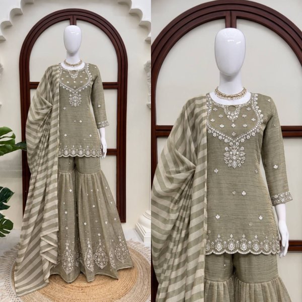 Accessible Olive Taupe Party Wear Salsa Silk Embroidered Top Sharara Dupatta Set Ready To Wear Collection