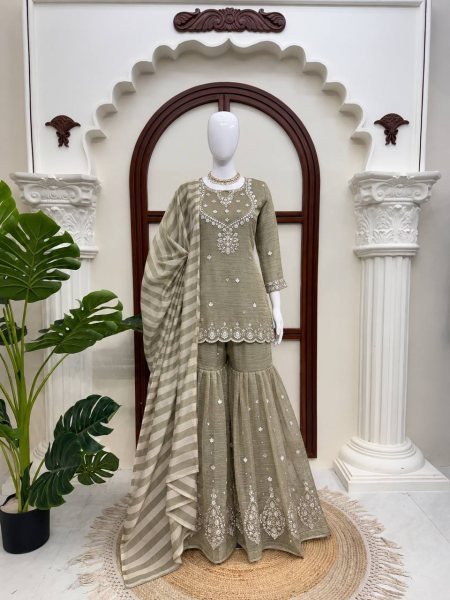 Accessible Olive Taupe Party Wear Salsa Silk Embroidered Top Sharara Dupatta Set Ready To Wear Collection
