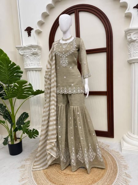 Accessible Olive Taupe Party Wear Salsa Silk Embroidered Top Sharara Dupatta Set Ready To Wear Collection