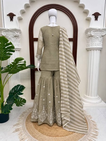 Accessible Olive Taupe Party Wear Salsa Silk Embroidered Top Sharara Dupatta Set Ready To Wear Collection