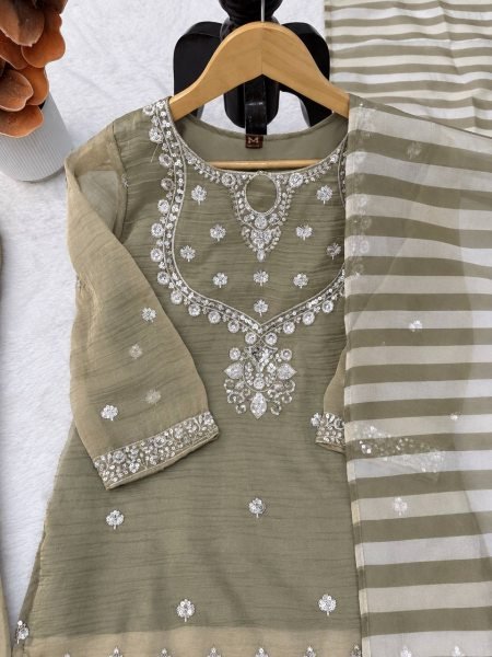 Accessible Olive Taupe Party Wear Salsa Silk Embroidered Top Sharara Dupatta Set Ready To Wear Collection