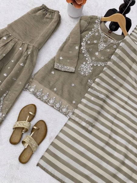 Accessible Olive Taupe Party Wear Salsa Silk Embroidered Top Sharara Dupatta Set Ready To Wear Collection