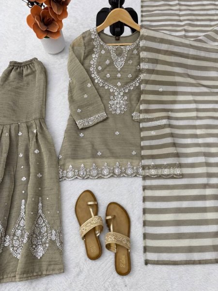 Accessible Olive Taupe Party Wear Salsa Silk Embroidered Top Sharara Dupatta Set Ready To Wear Collection