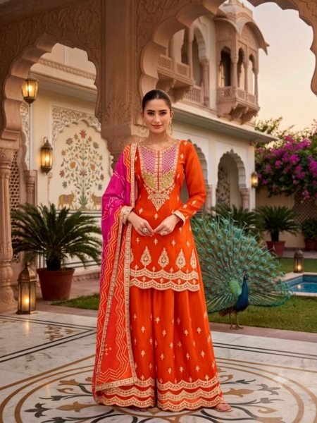 Accessible Orange Premium Chinnon Silk Kurti Palazzo Set with Digital Print Dupatta 