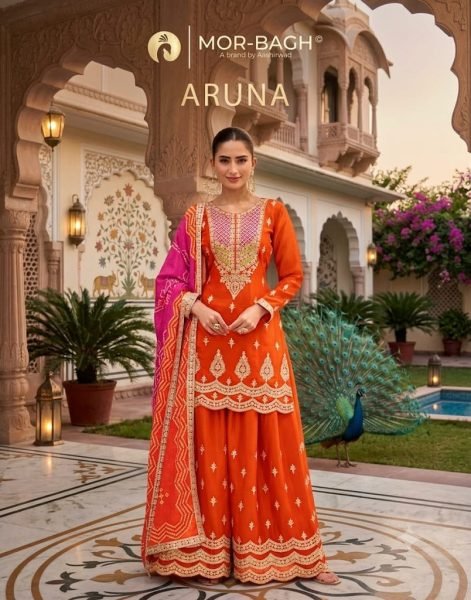 Accessible Orange Premium Chinnon Silk Kurti Palazzo Set with Digital Print Dupatta Designer Plazzo Salwar Suits Wholesale