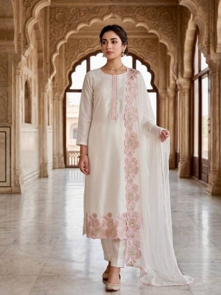 Accessible Peach Designer Roman Glass Silk Suit Set with Organza Dupatta For Function Ready To Wear Suit