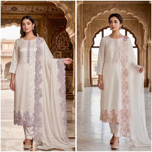 Accessible Peach Designer Roman Glass Silk Suit Set with Organza Dupatta For Function Ready To Wear Collection