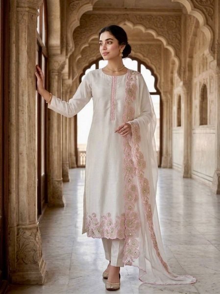 Accessible Peach Designer Roman Glass Silk Suit Set with Organza Dupatta For Function Ready To Wear Collection