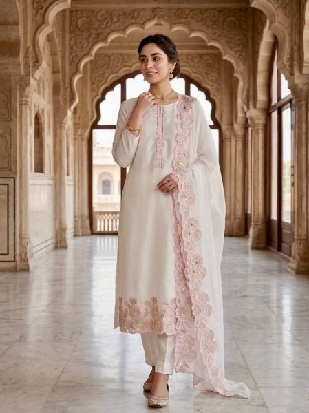 Accessible Peach Designer Roman Glass Silk Suit Set with Organza Dupatta For Function Ready To Wear Collection
