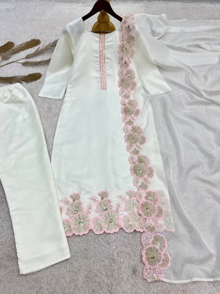 Accessible Peach Designer Roman Glass Silk Suit Set with Organza Dupatta For Function Ready To Wear Collection