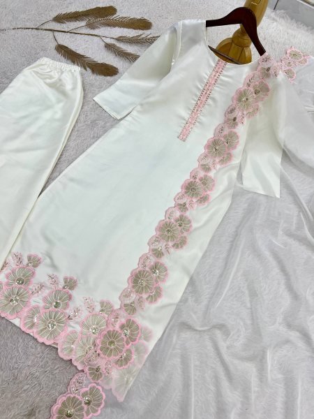 Accessible Peach Designer Roman Glass Silk Suit Set with Organza Dupatta For Function Ready To Wear Collection