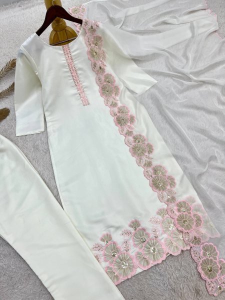 Accessible Peach Designer Roman Glass Silk Suit Set with Organza Dupatta For Function Ready To Wear Collection