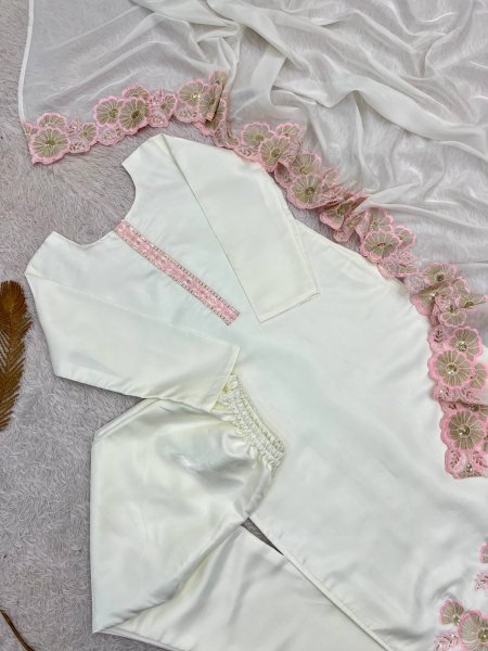 Accessible Peach Designer Roman Glass Silk Suit Set with Organza Dupatta For Function Ready To Wear Collection