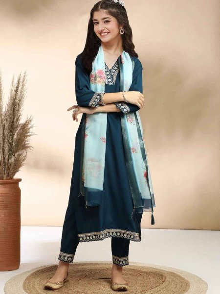 Accessible Peacock Blue Traditional Kids Ethnic Wear Kurti Set for Festive and Functions Girls Wear