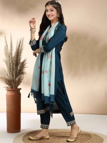 Accessible Peacock Blue Traditional Kids Ethnic Wear Kurti Set for Festive and Functions Girls Wear