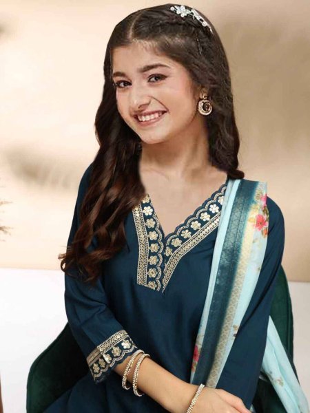 Accessible Peacock Blue Traditional Kids Ethnic Wear Kurti Set for Festive and Functions Girls Wear