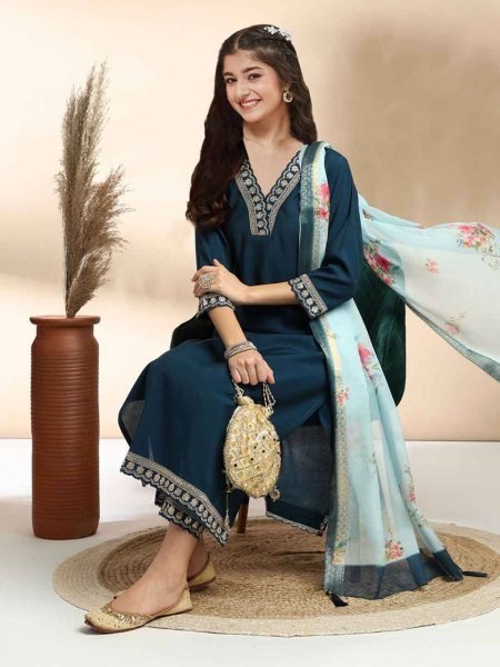 Accessible Peacock Blue Traditional Kids Ethnic Wear Kurti Set for Festive and Functions Girls Wear