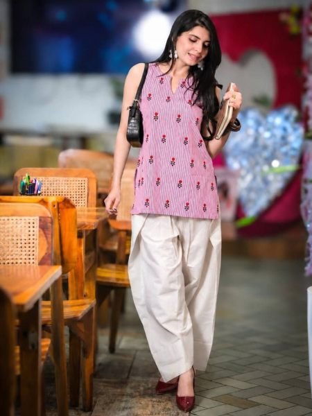 Accessible Pink Designer Khadi Cotton Printed Kurti Pant Set for Daily Wear Kurtis