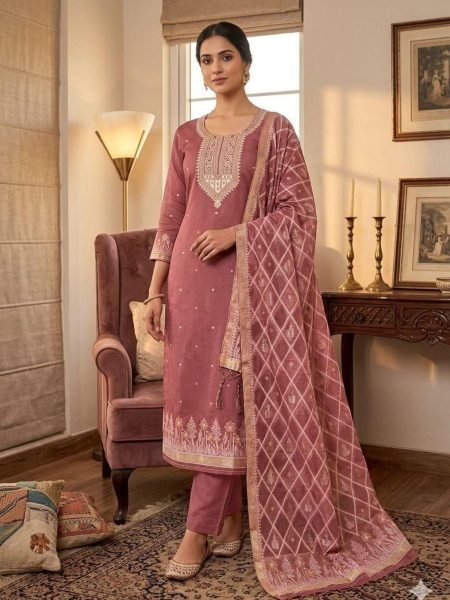 Accessible Pink Fancy Jamdani Cotton Suit Material with Designer Dupatta 