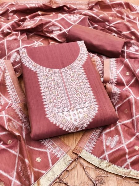 Accessible Pink Fancy Jamdani Cotton Suit Material with Designer Dupatta Cotton Dress Material