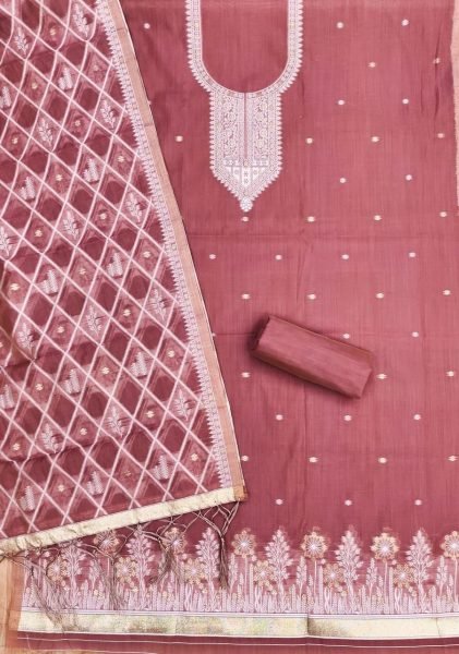 Accessible Pink Fancy Jamdani Cotton Suit Material with Designer Dupatta Cotton Dress Material