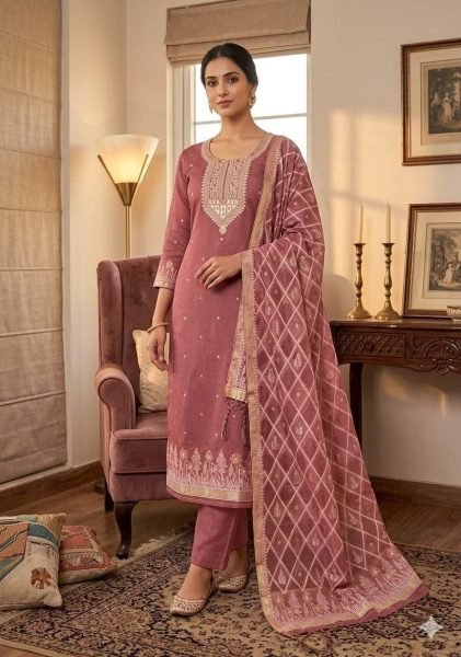 Accessible Pink Fancy Jamdani Cotton Suit Material with Designer Dupatta Cotton Dress Material